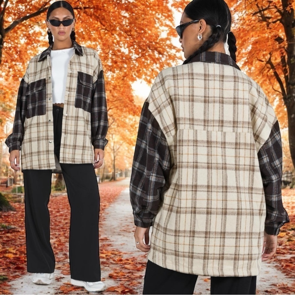 Princess Polly Myley‎ Oversized Shacket in Brown and Tan Plaid Women's Size XS/S